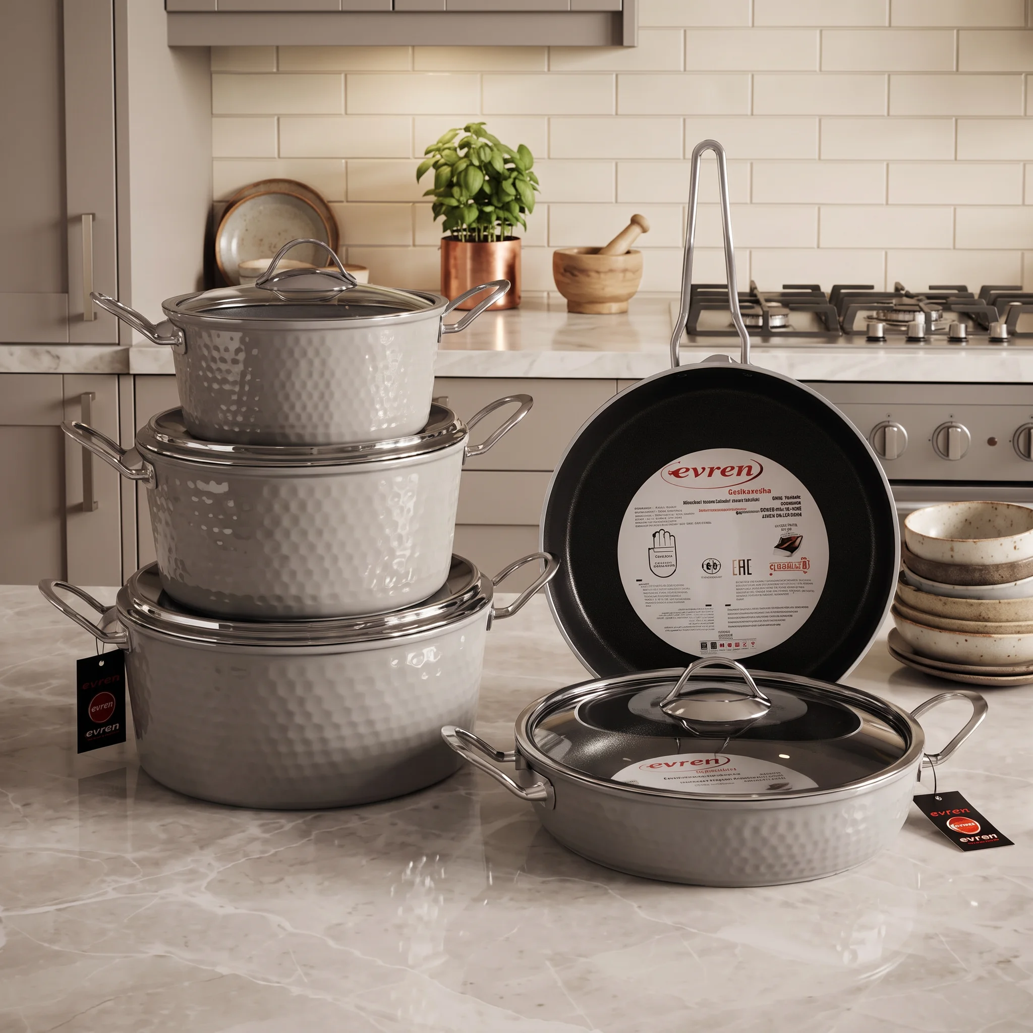 9-Piece Ceramic Non-Stick Cookware Set with Glass Lids – silver
