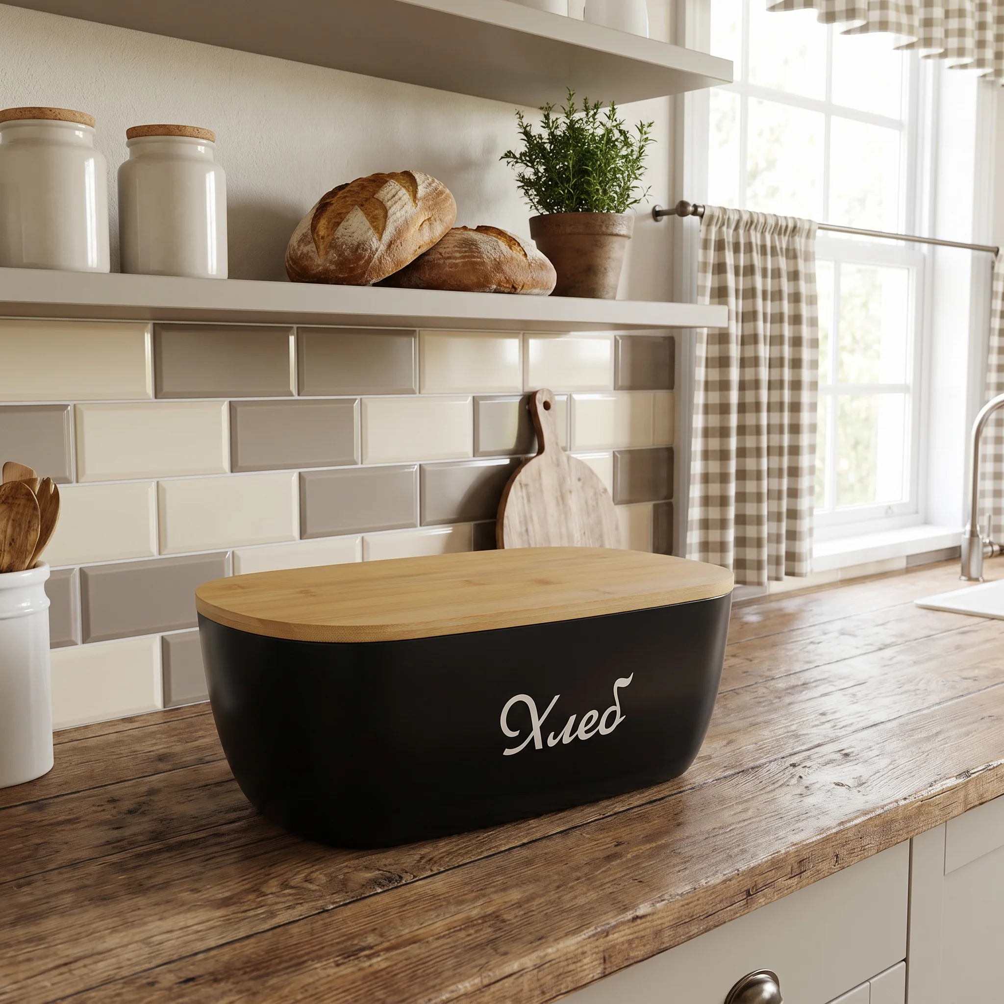 Modern Bread Storage Box with Wooden Lid – black