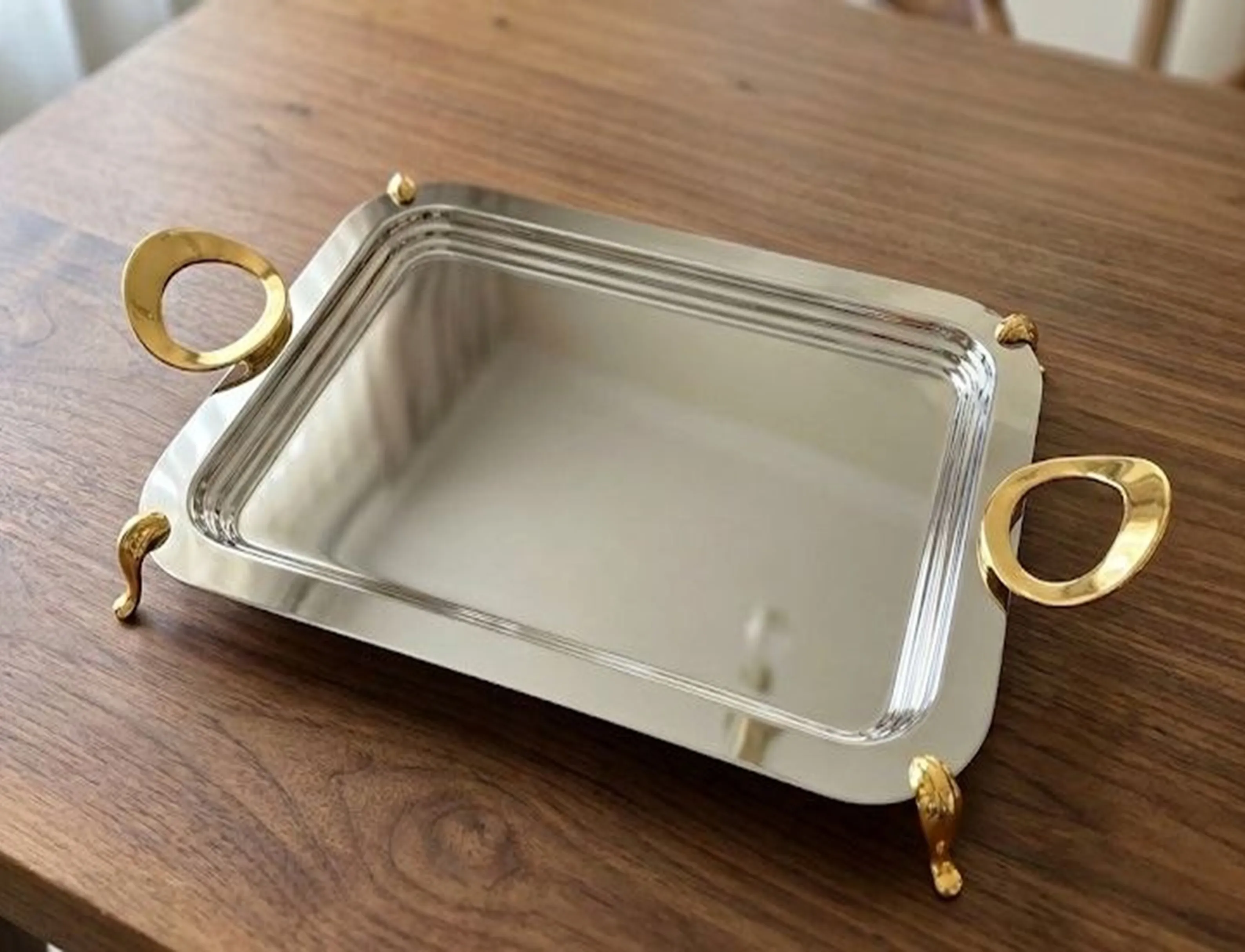 Ozlife Vigo Stainless Steel Serving Tray – Gold Handles & Decorative Feet – 48X34 cm – Silver & Gold