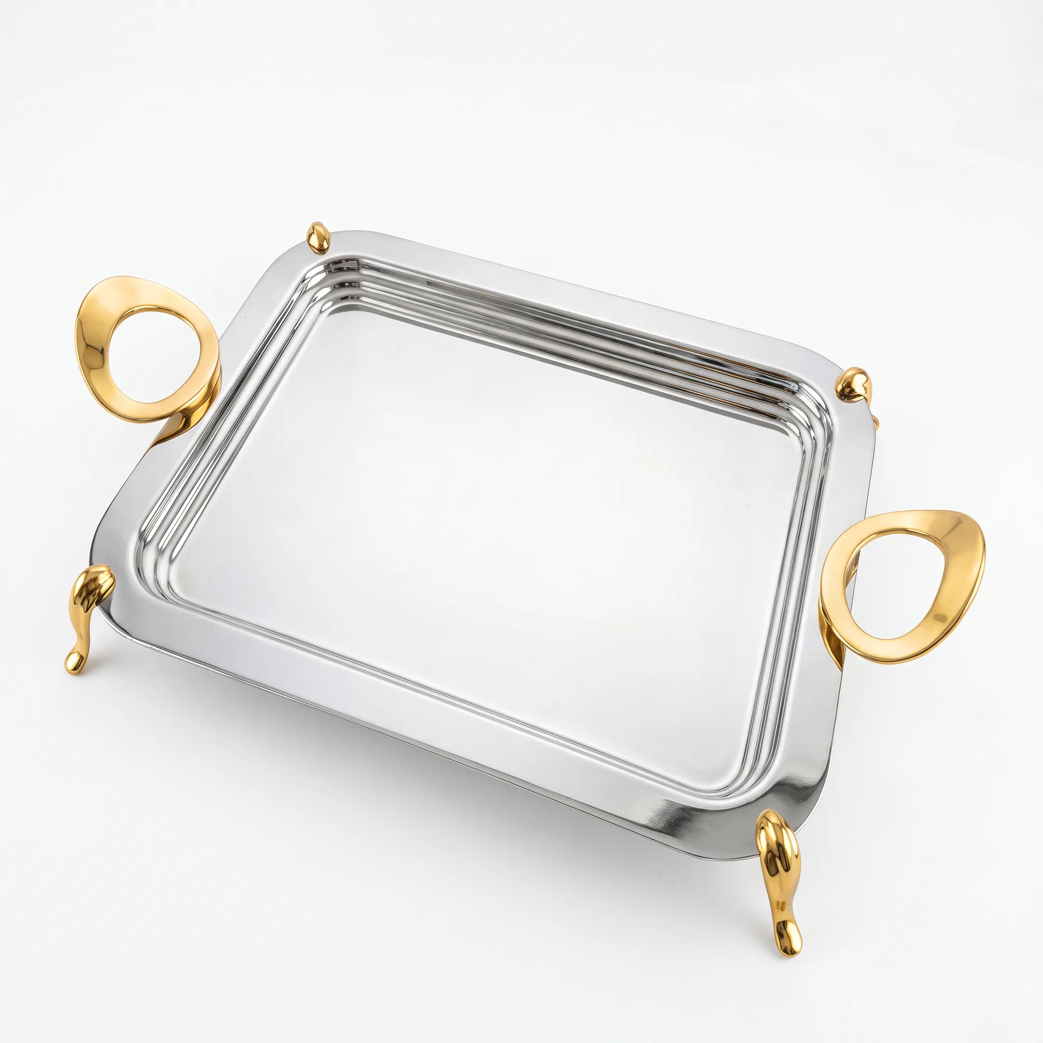Ozlife Vigo Stainless Steel Serving Tray – Gold Handles & Decorative Feet – 48X34 cm – Silver & Gold