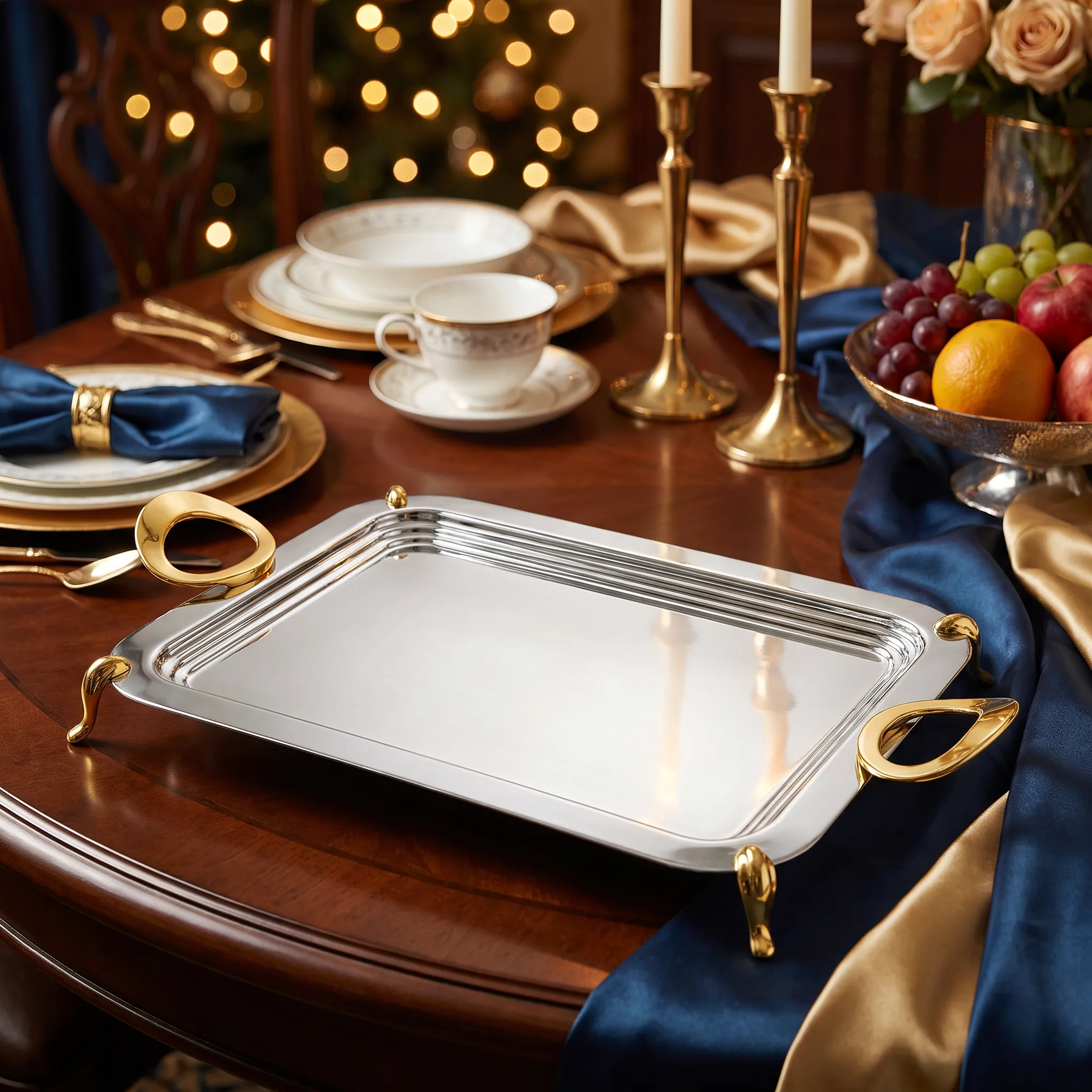 Ozlife Vigo Stainless Steel Serving Tray – Gold Handles & Decorative Feet – 48X34 cm – Silver & Gold
