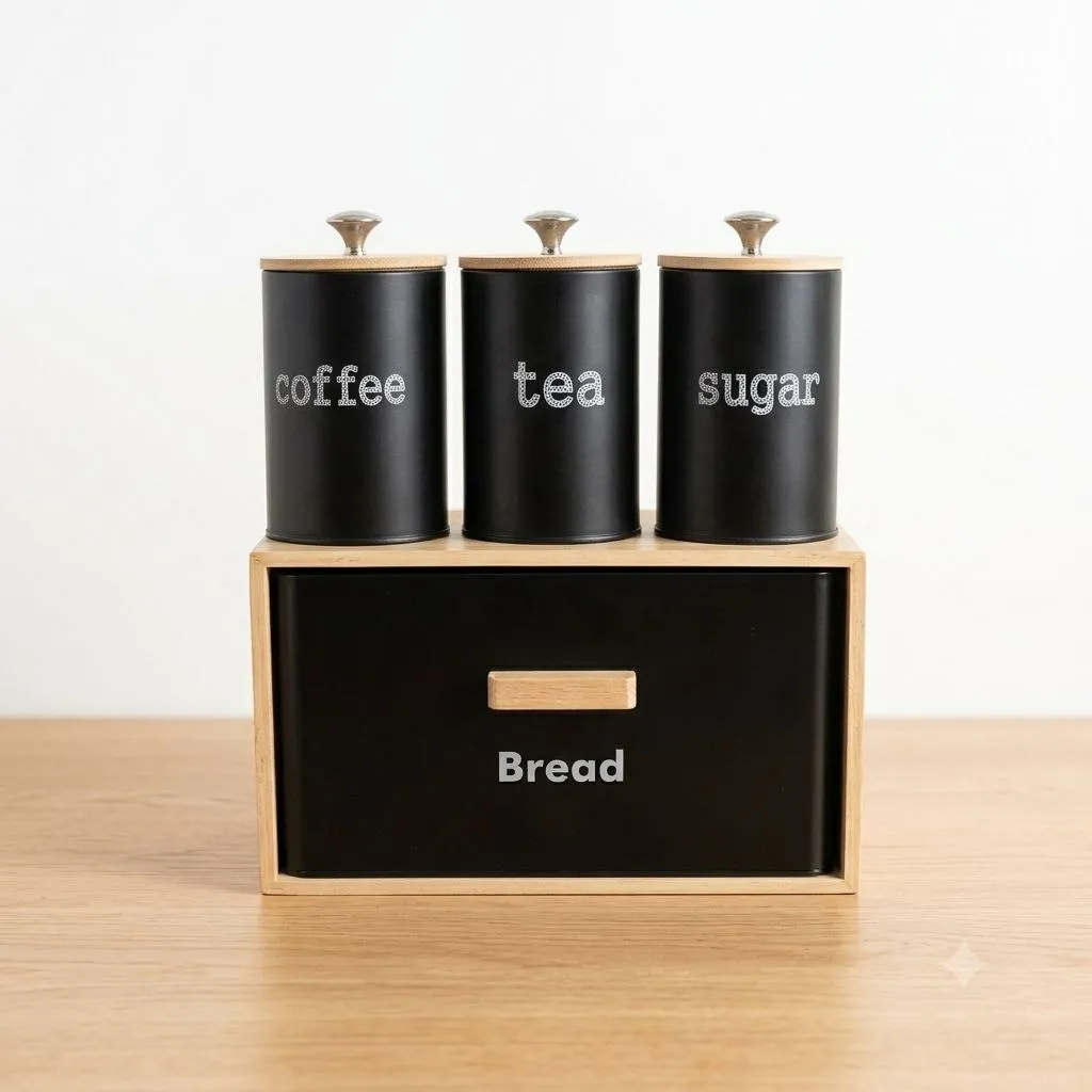 Bread Box with 3 Storage Canisters for Coffee, Tea & Sugar – Black