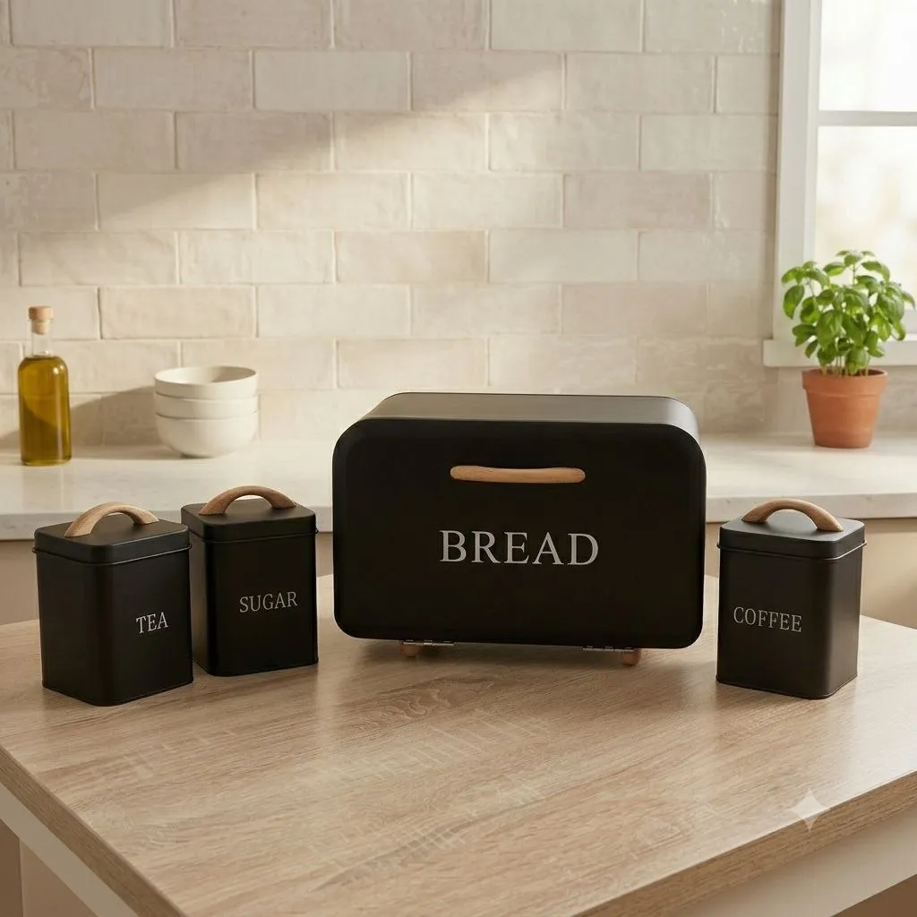 Bread Box with 3 Storage Canisters for Tea, Sugar & Coffee – Wooden Handles – 4-Piece Set – Black