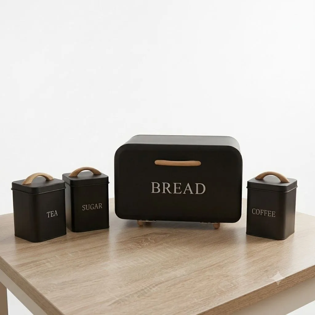 Bread Box with 3 Storage Canisters for Tea, Sugar & Coffee – Wooden Handles – 4-Piece Set – Black