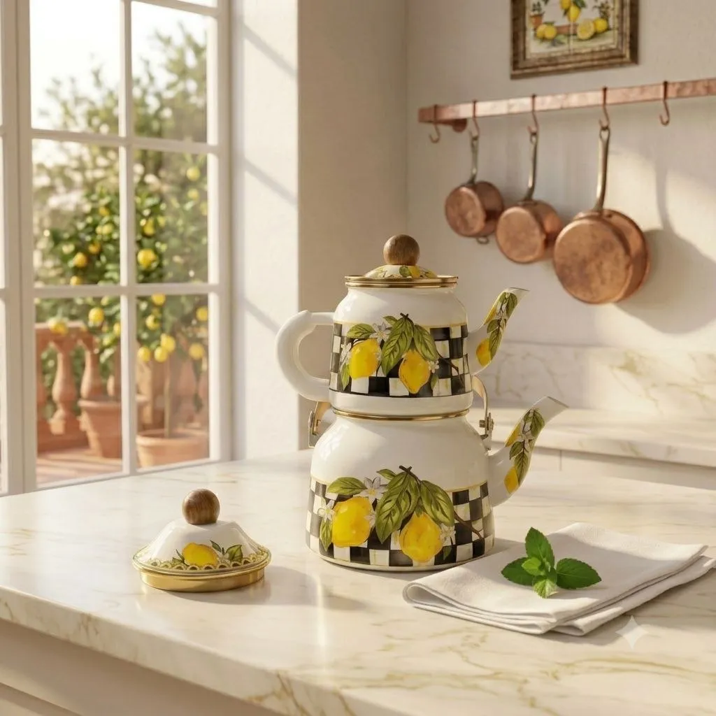 Double Turkish Tea Kettle & Teapot Set – 2.5L + 1L – Lemon Print Design – White & Yellow