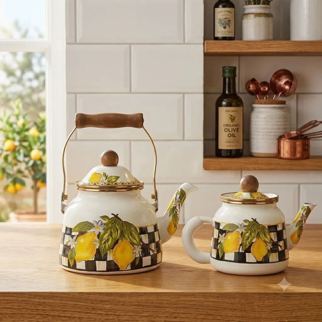 Double Turkish Tea Kettle & Teapot Set – 2.5L + 1L – Lemon Print Design – White & Yellow