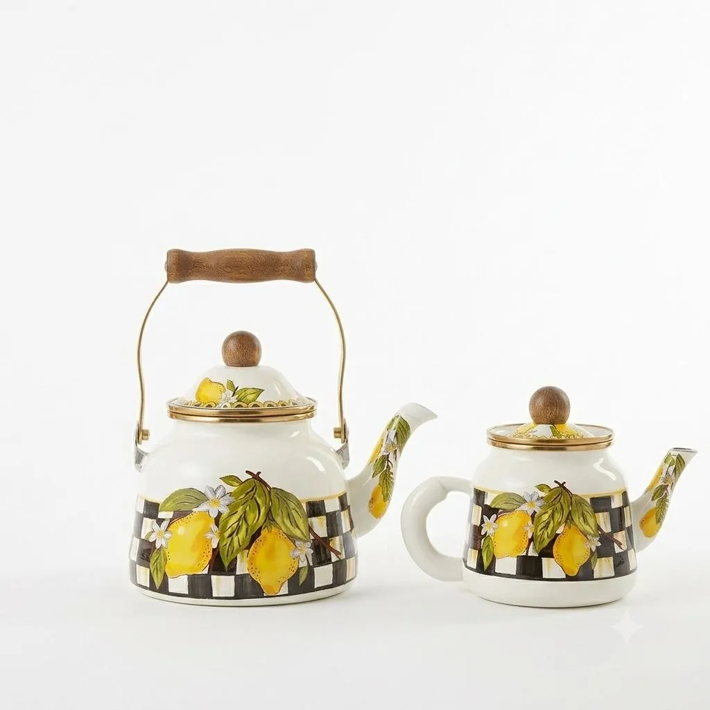 Double Turkish Tea Kettle & Teapot Set – 2.5L + 1L – Lemon Print Design – White & Yellow