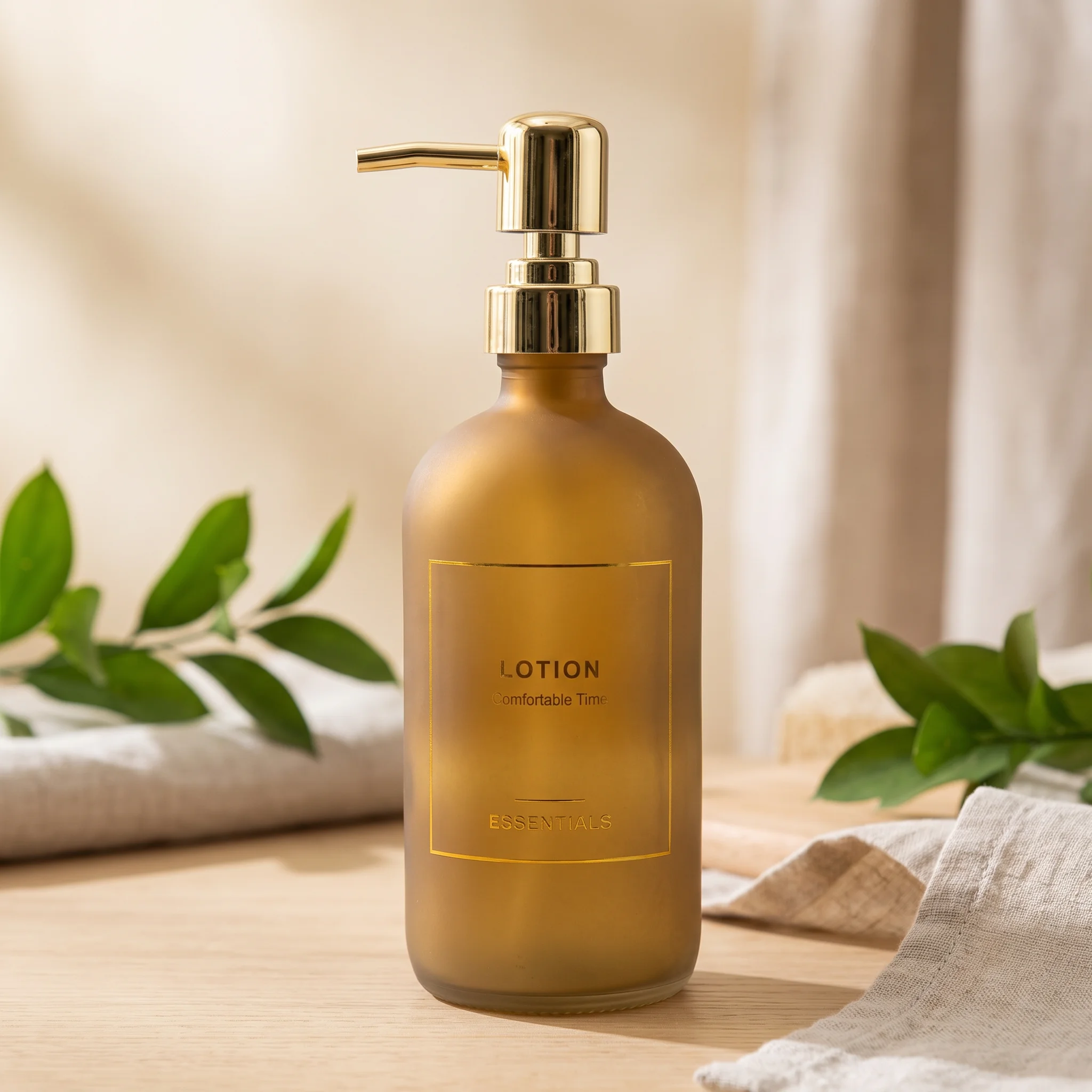 Tall Round Glass Liquid Soap Dispenser with Gold Pump – Yellow color option