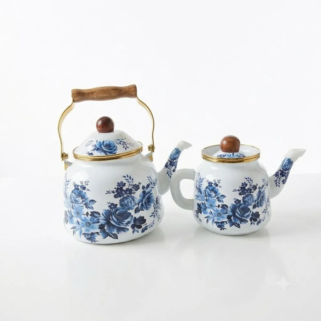 Double Turkish Tea Kettle & Teapot Set – 2.5L + 1L – Blue Floral Design – Wooden Handle & Gold Accents – White & Blue