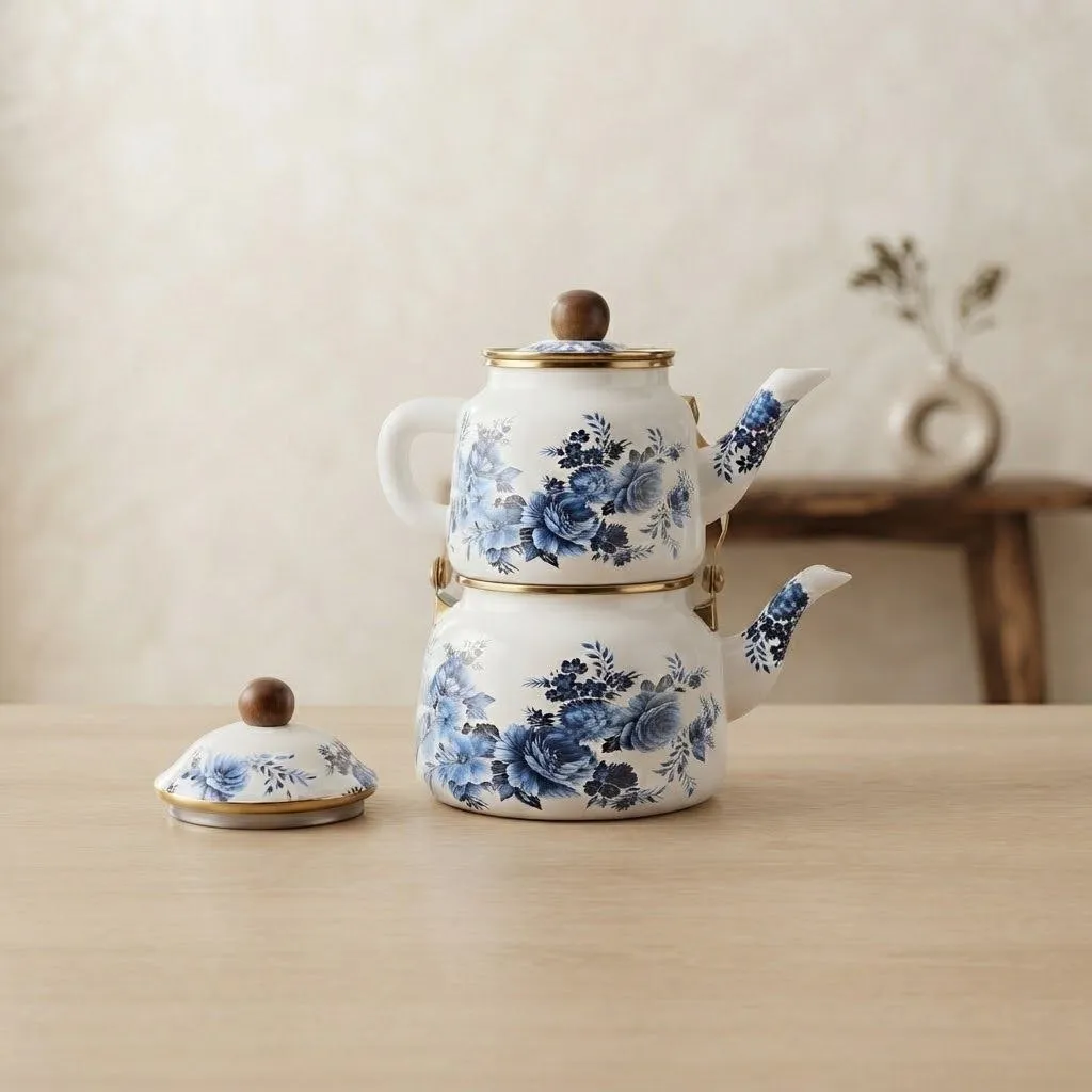 Double Turkish Tea Kettle & Teapot Set – 2.5L + 1L – Blue Floral Design – Wooden Handle & Gold Accents – White & Blue