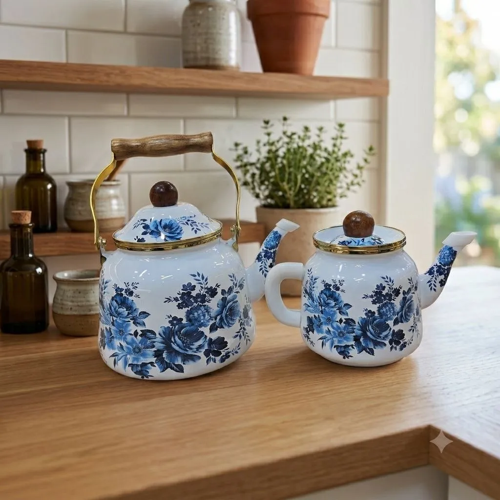 Double Turkish Tea Kettle & Teapot Set – 2.5L + 1L – Blue Floral Design – Wooden Handle & Gold Accents – White & Blue