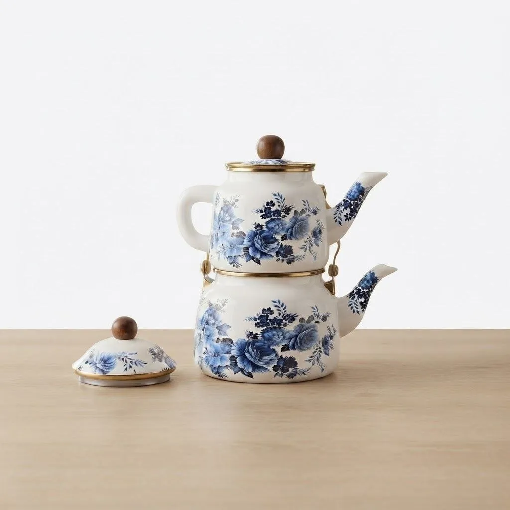 Double Turkish Tea Kettle & Teapot Set – 2.5L + 1L – Blue Floral Design – Wooden Handle & Gold Accents – White & Blue