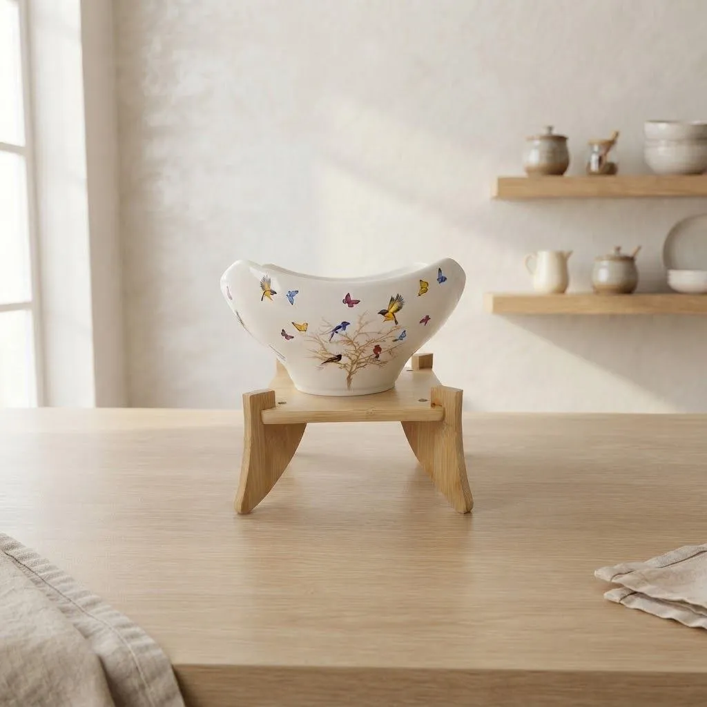 White Salad Bowl with Colorful Bird & Butterfly Print – Wooden Stand – White