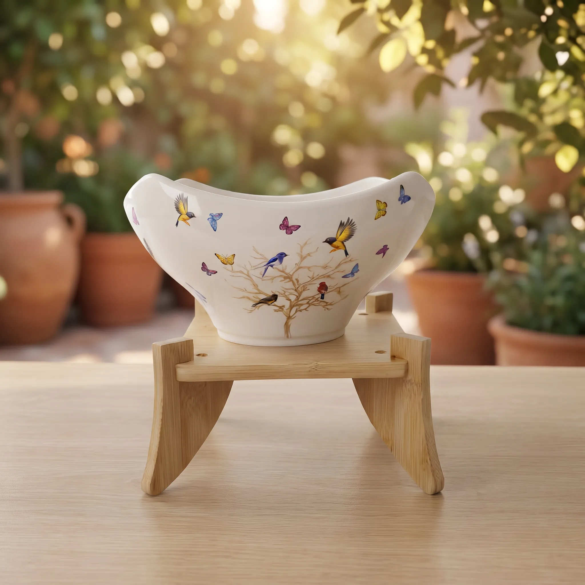 White Salad Bowl with Colorful Bird & Butterfly Print – Wooden Stand – White