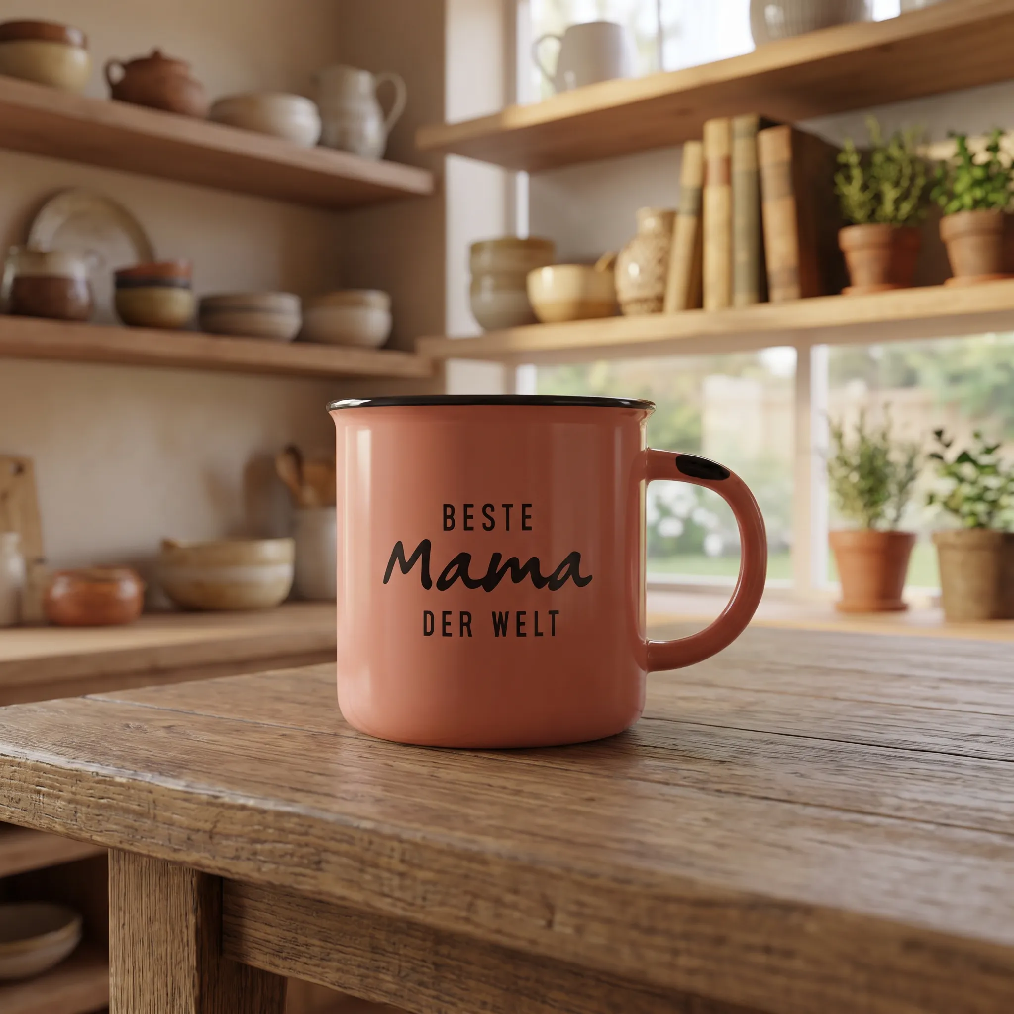 Pink Coffee Mug with Black Rim and "Beste Mama der Welt" German Text Print