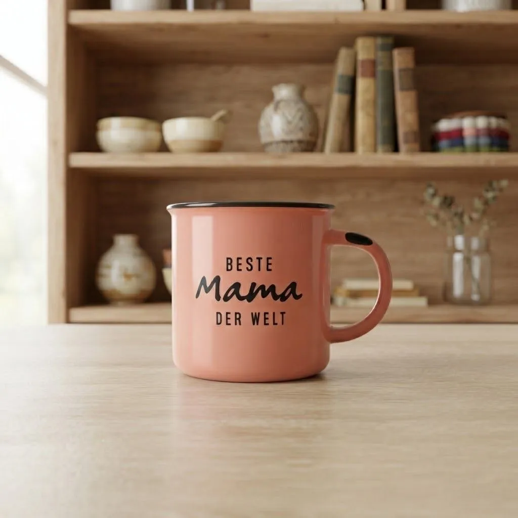 Pink Coffee Mug with Black Rim and "Beste Mama der Welt" German Text Print