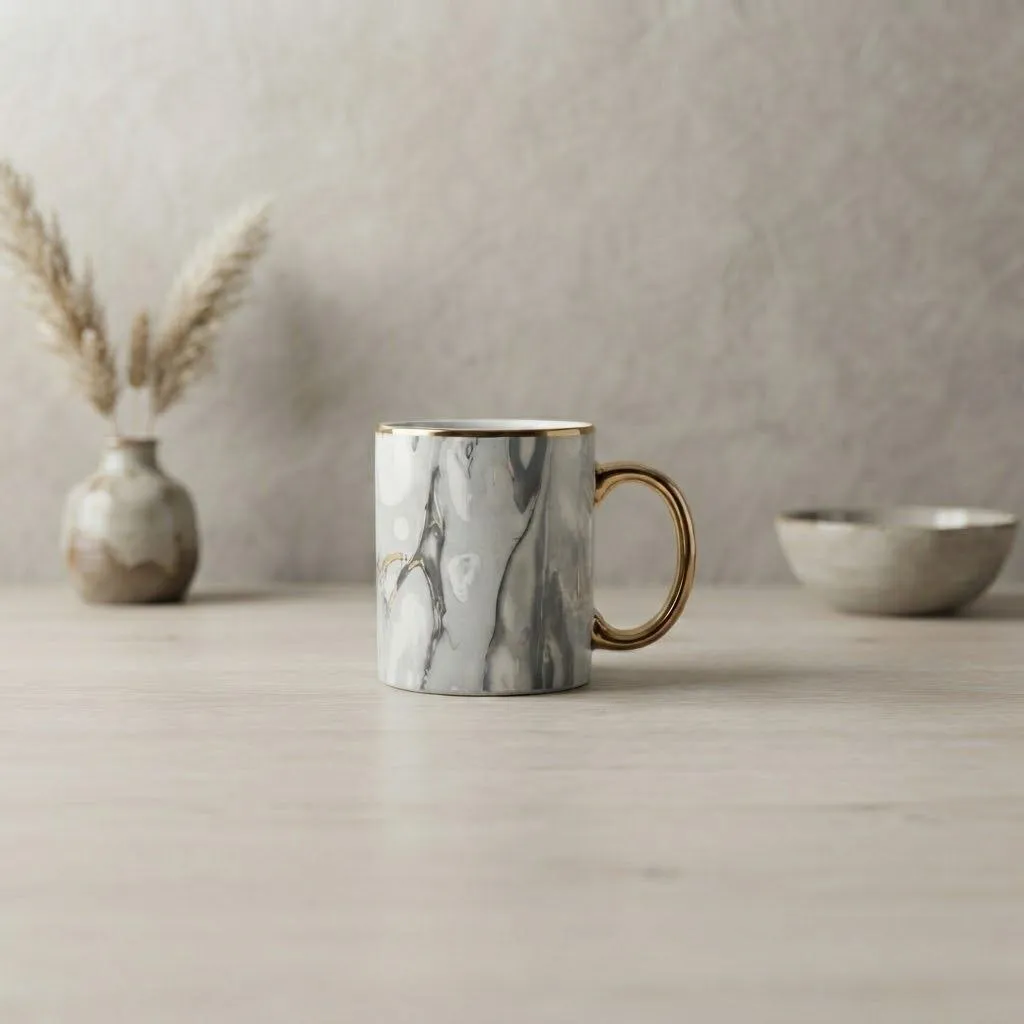 Coffee Mug with Gold Handle and Rim – Gray Marble Design