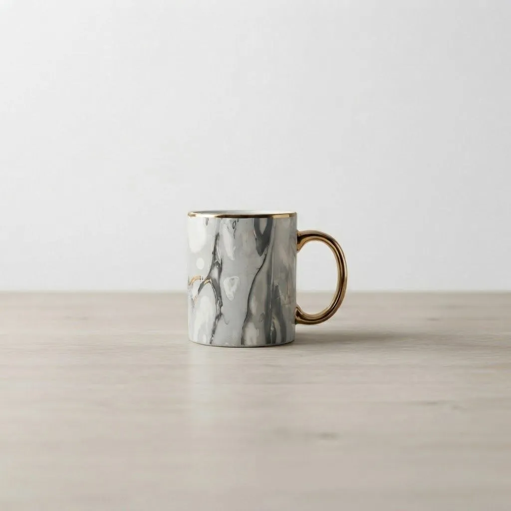 Coffee Mug with Gold Handle and Rim – Gray Marble Design