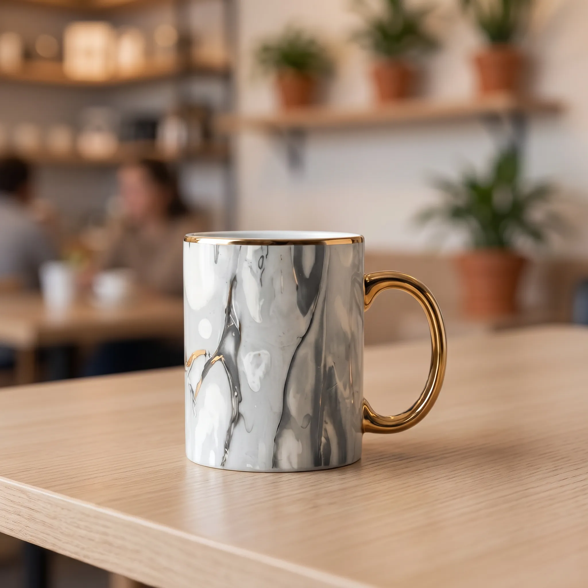 Coffee Mug with Gold Handle and Rim – Gray Marble Design