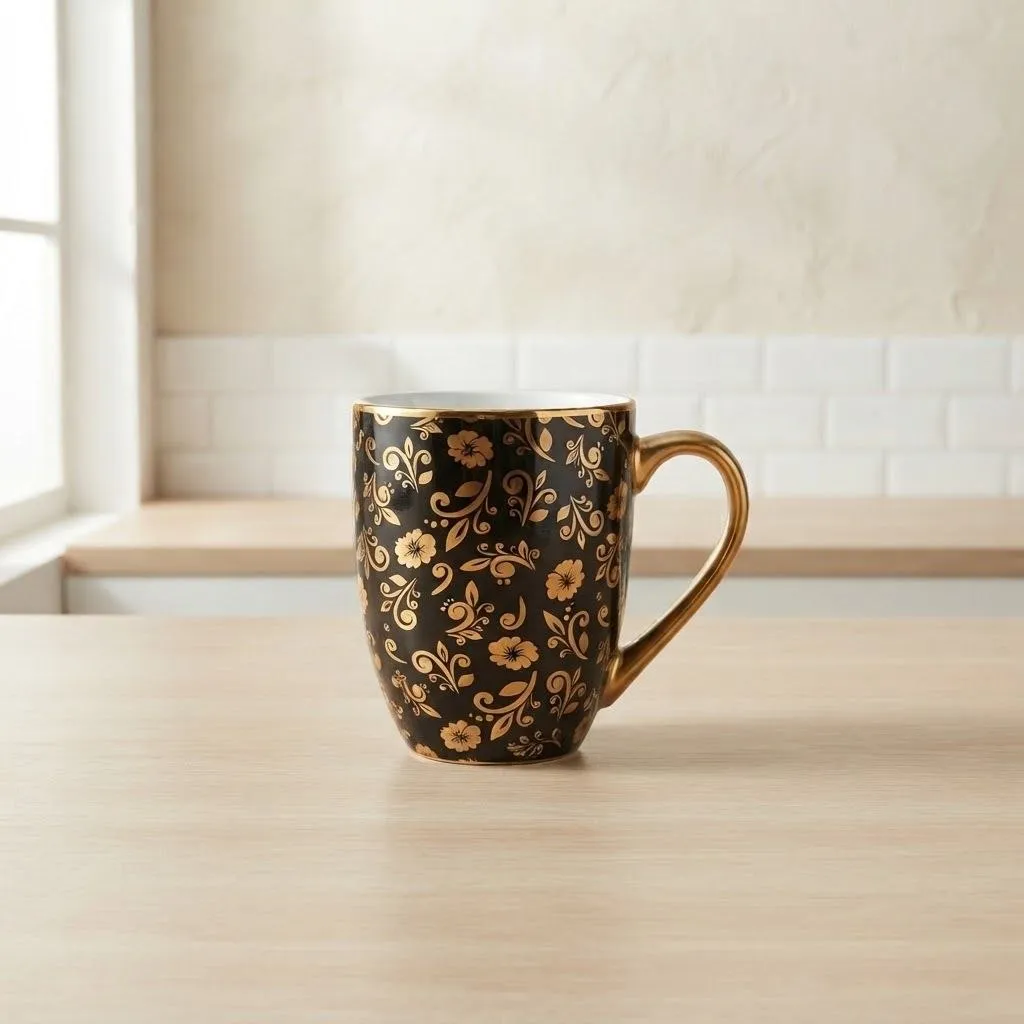 Black Coffee Mug with Gold Floral Pattern and Gold Handle color option