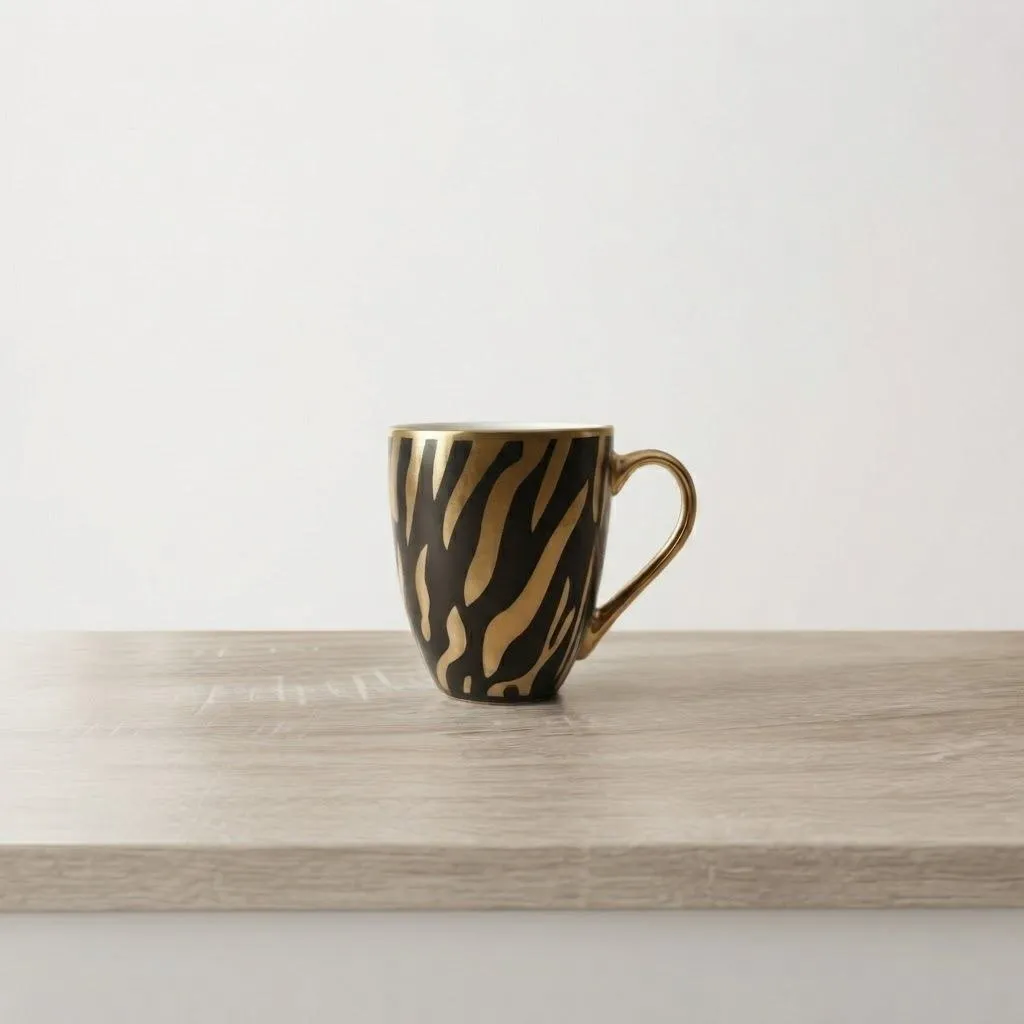 Black Coffee Mug with Gold Zebra Pattern and Gold Handle