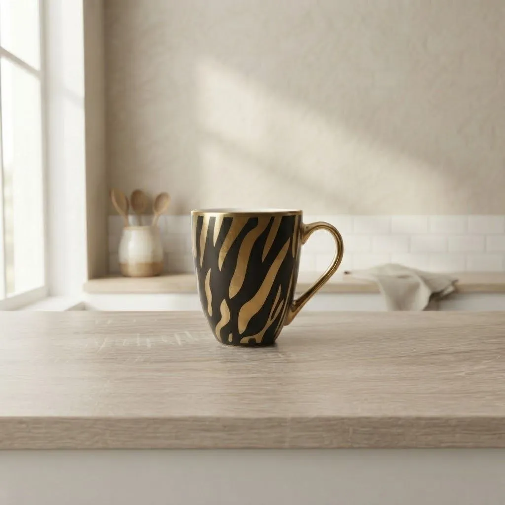 Black Coffee Mug with Gold Zebra Pattern and Gold Handle