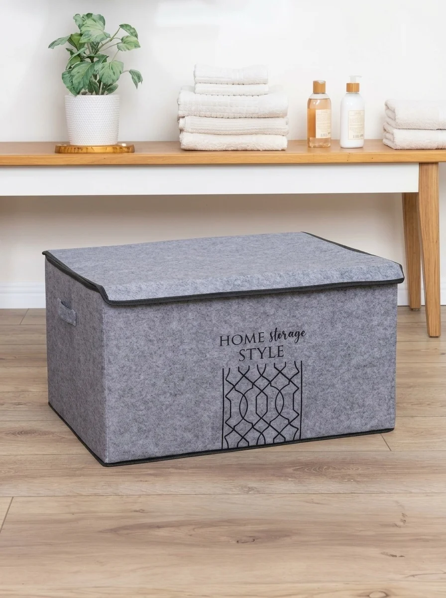 Fabric Storage Box for Clothes and Bags with Lid and Side Handles – 47×37×24 cm – Grey