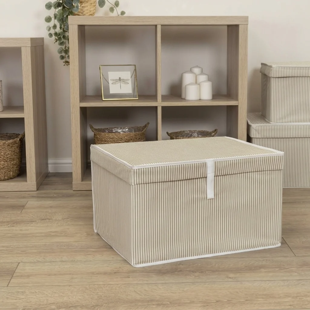 Fabric Storage Box for Clothes and Bags with Lid – Striped Design – 60×40×30 cm – Light Brown color option
