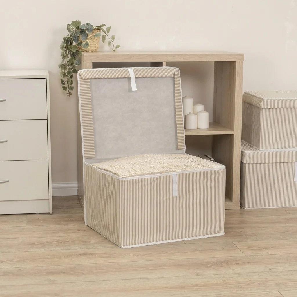 Fabric Storage Box for Clothes and Bags with Lid – Striped Design –50×40×30 cm – Light Brown color option