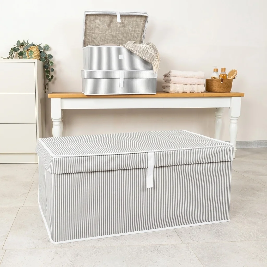 Fabric Storage Box for Clothes and Bags with Lid – Striped Design – 60×40×30 cm – Grey