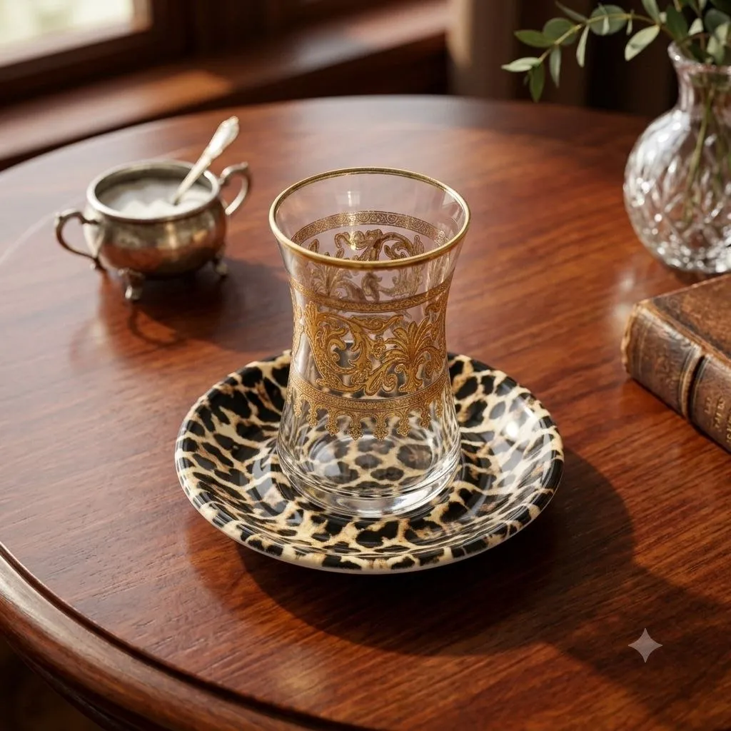 Set of 6 Leopard Print Saucer Plates 12cm – Black & Gold
