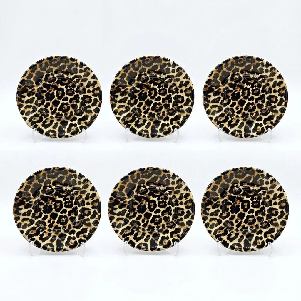 Set of 6 Leopard Print Saucer Plates 12cm – Black & Gold