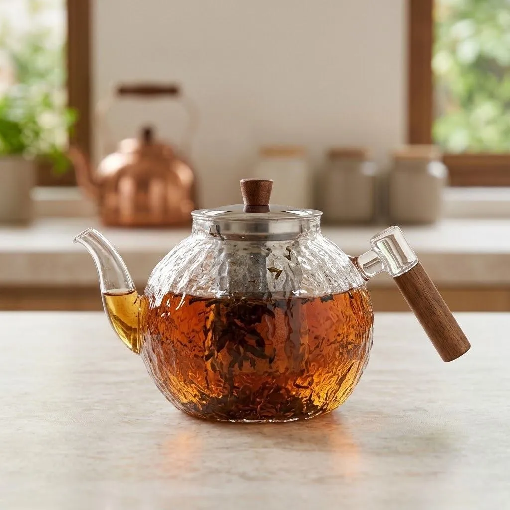 Round Glass Teapot – Wooden Handle – 1 Liter – Transparent