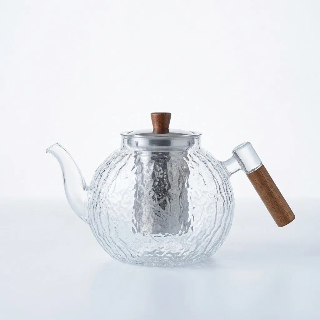 Round Glass Teapot – Wooden Handle – 1 Liter – Transparent