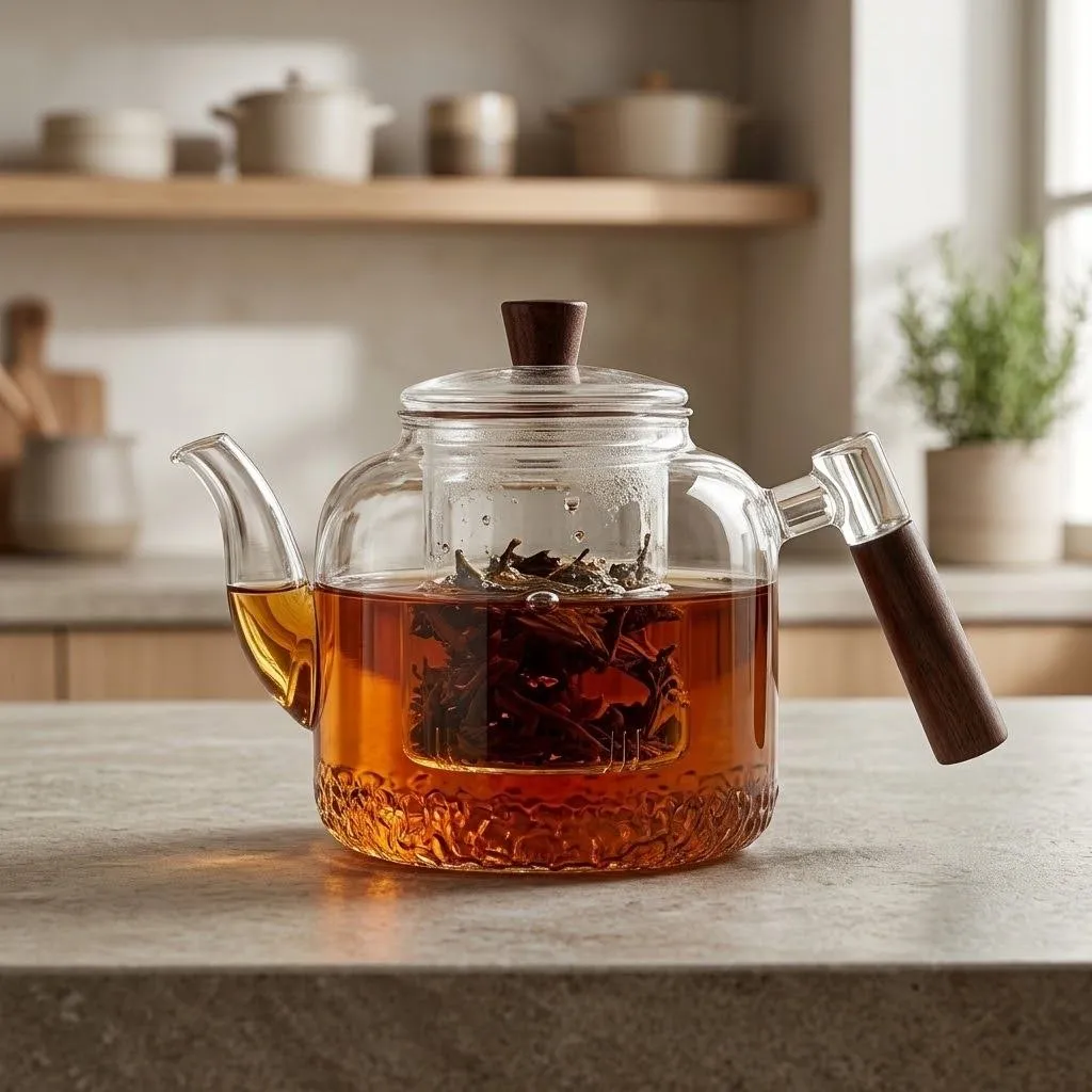 Round Glass Teapot – Wooden Handle – 1.2 Liter – Transparent
