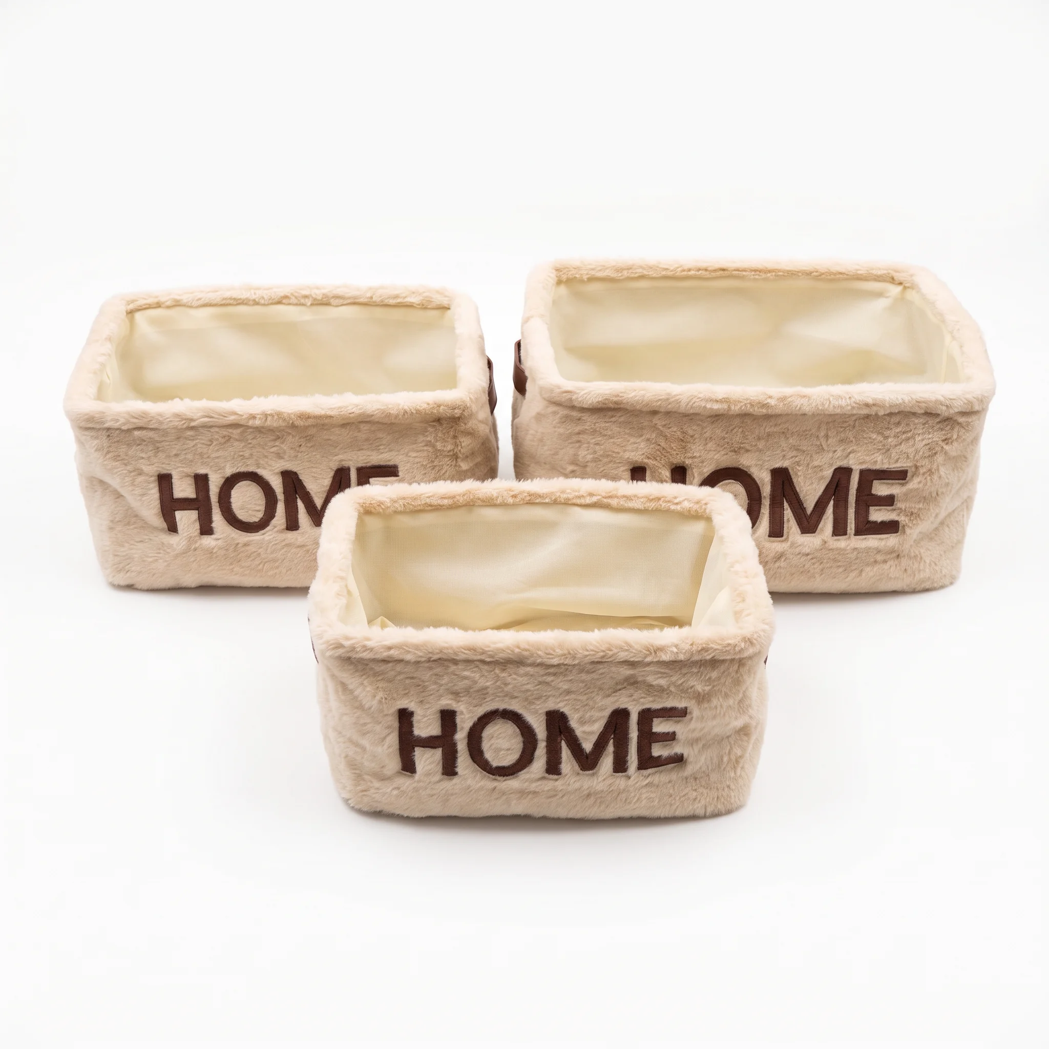 3-Piece Soft Plush Fabric Storage Basket Set with HOME Lettering – Cream – Sizes 35/33/30 cm color option