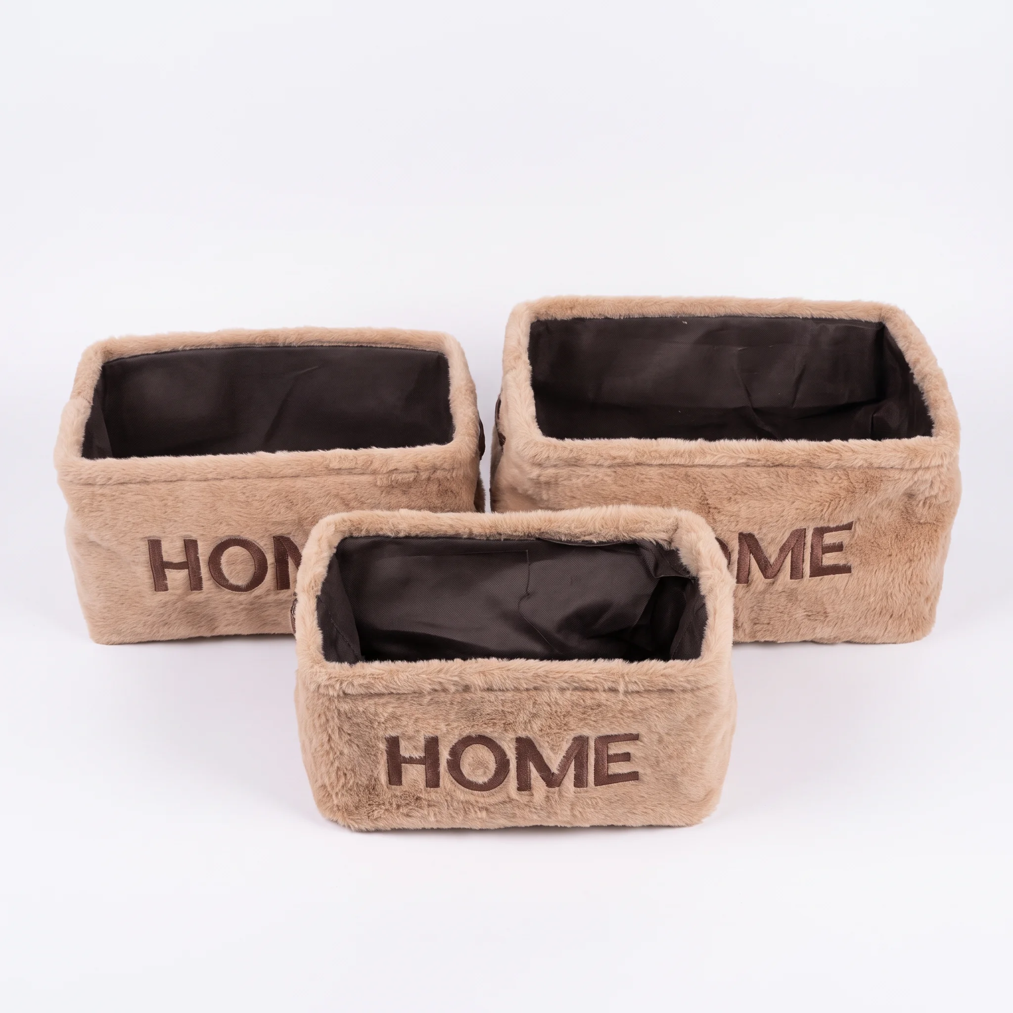 3-Piece Soft Plush Fabric Storage Basket Set with HOME Lettering – Light Brown – Sizes 35/33/30 cm color option