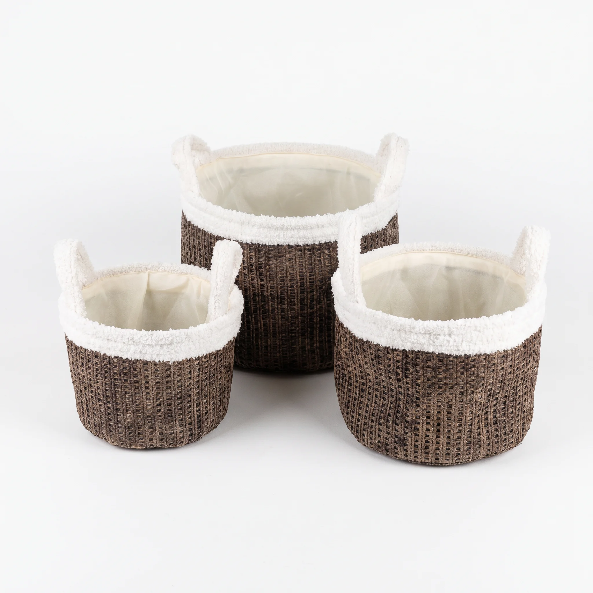 3-Piece Round Fabric Storage Basket Set with Handles – Woven Design – Brown & White – Sizes 26/23/20 cm
