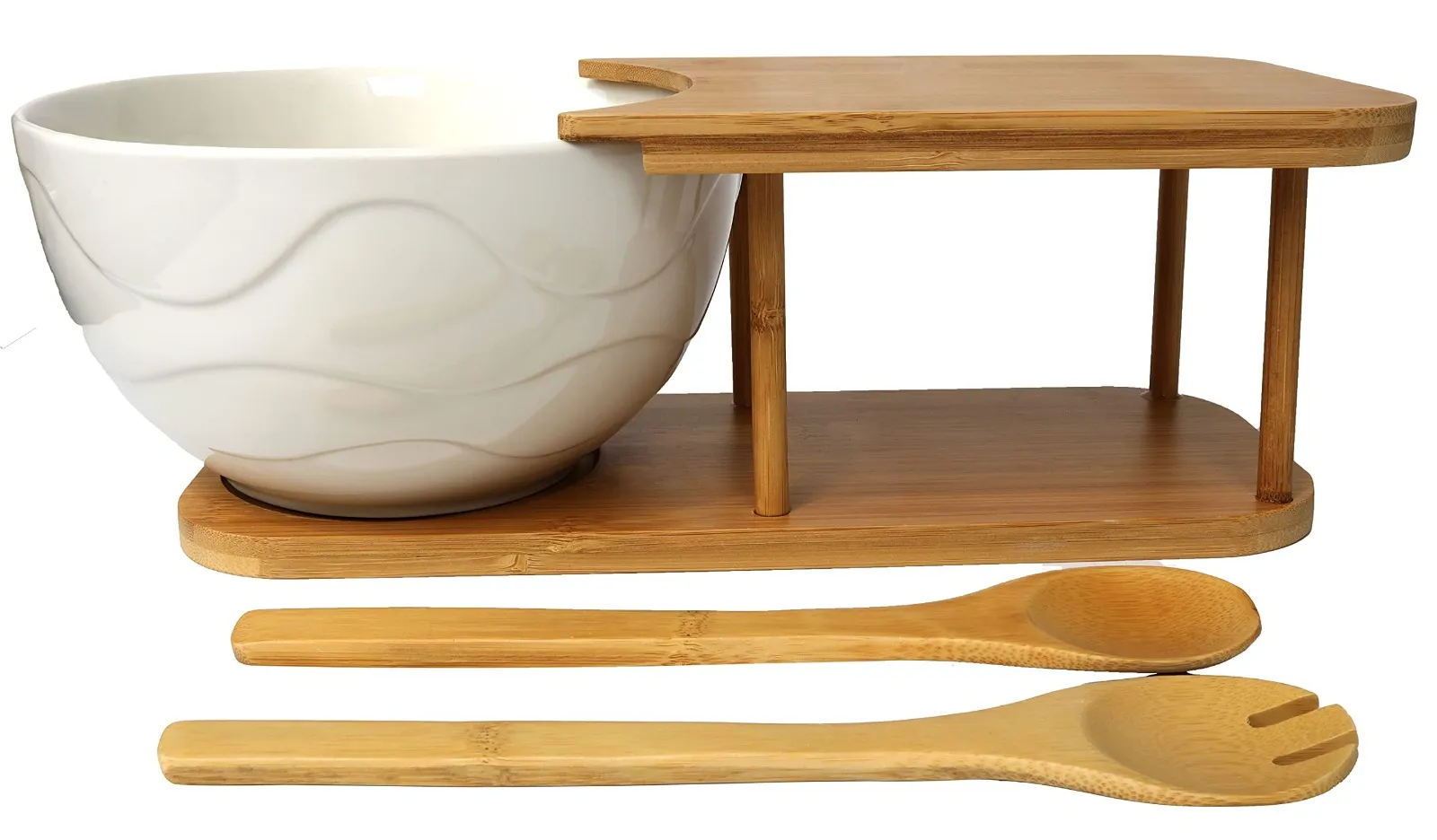 White Ceramic Salad Bowl Set with Bamboo Stand and 2 Serving Spoons