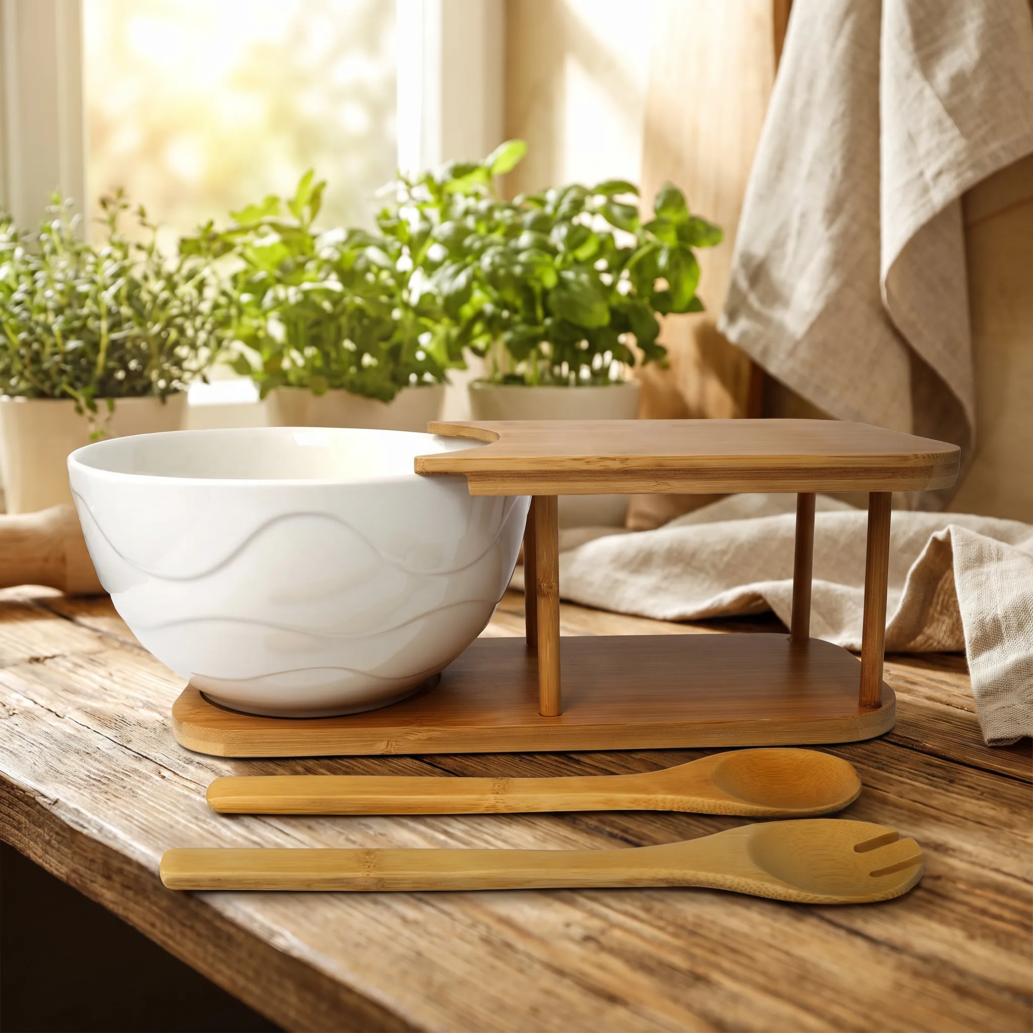 White Ceramic Salad Bowl Set with Bamboo Stand and 2 Serving Spoons
