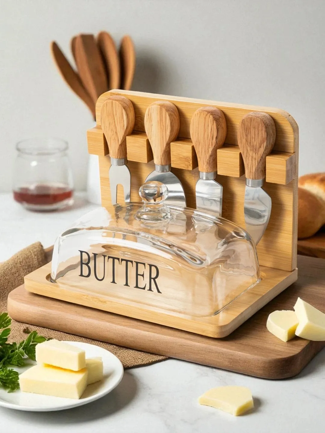 Transparent Glass Butter and Cheese Dish with Bamboo Base and 4 Serving Utensils color option