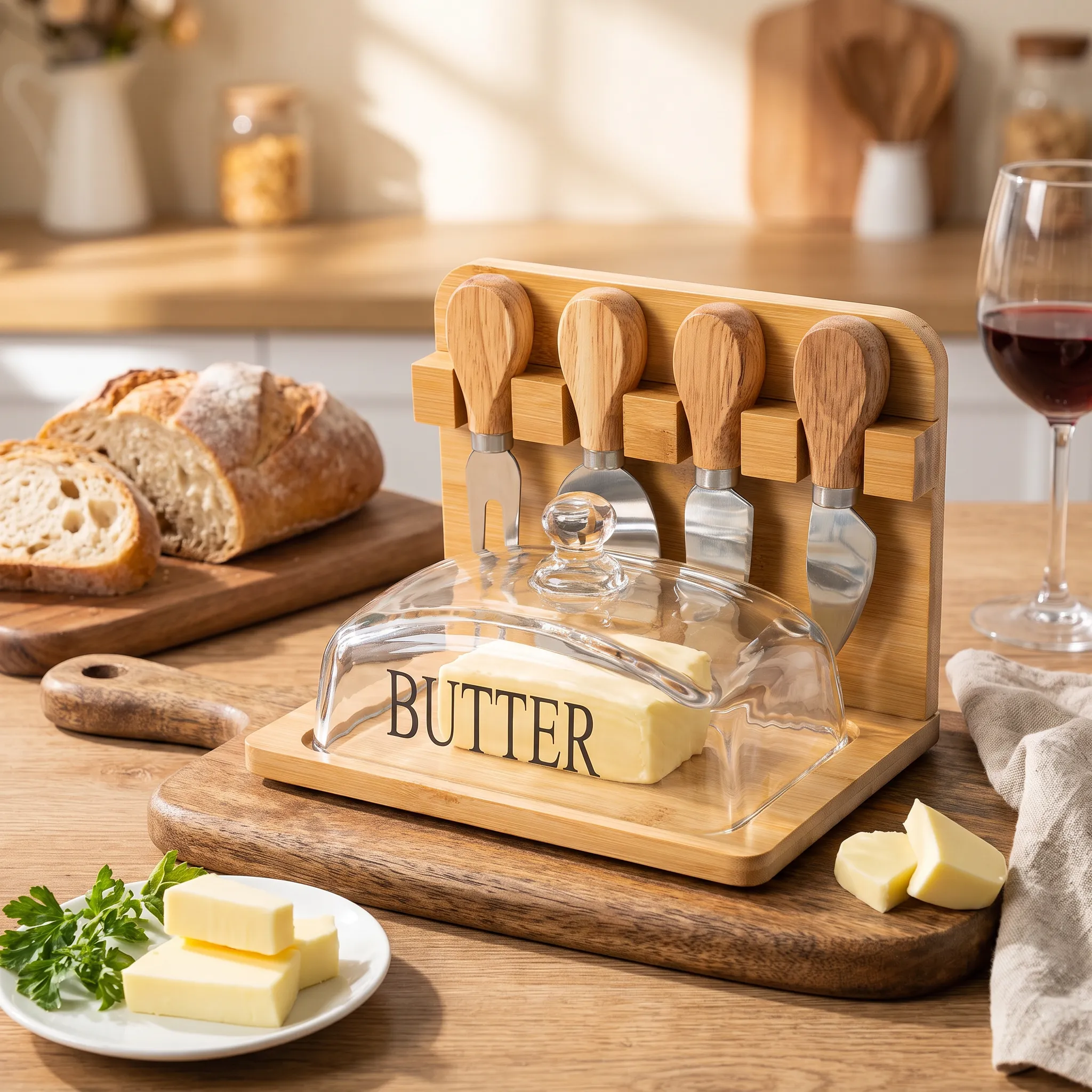Transparent Glass Butter and Cheese Dish with Bamboo Base and 4 Serving Utensils