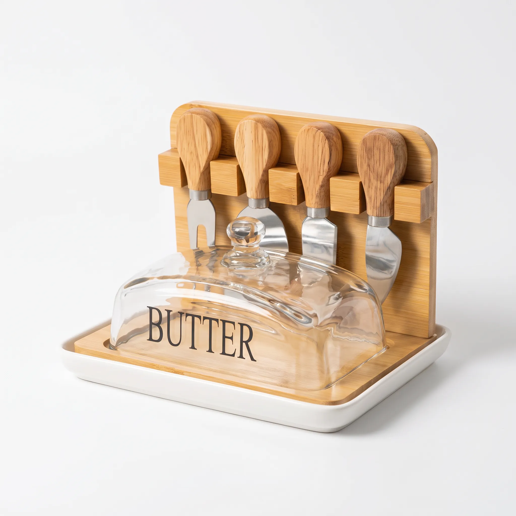 Transparent Glass Butter and Cheese Dish with Bamboo Base and 4 Serving Utensils
