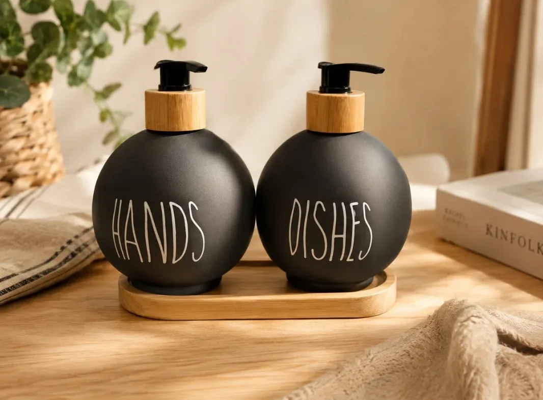 2-Piece Round Soap Dispenser Set with Pumps and Wooden Tray – Black color option