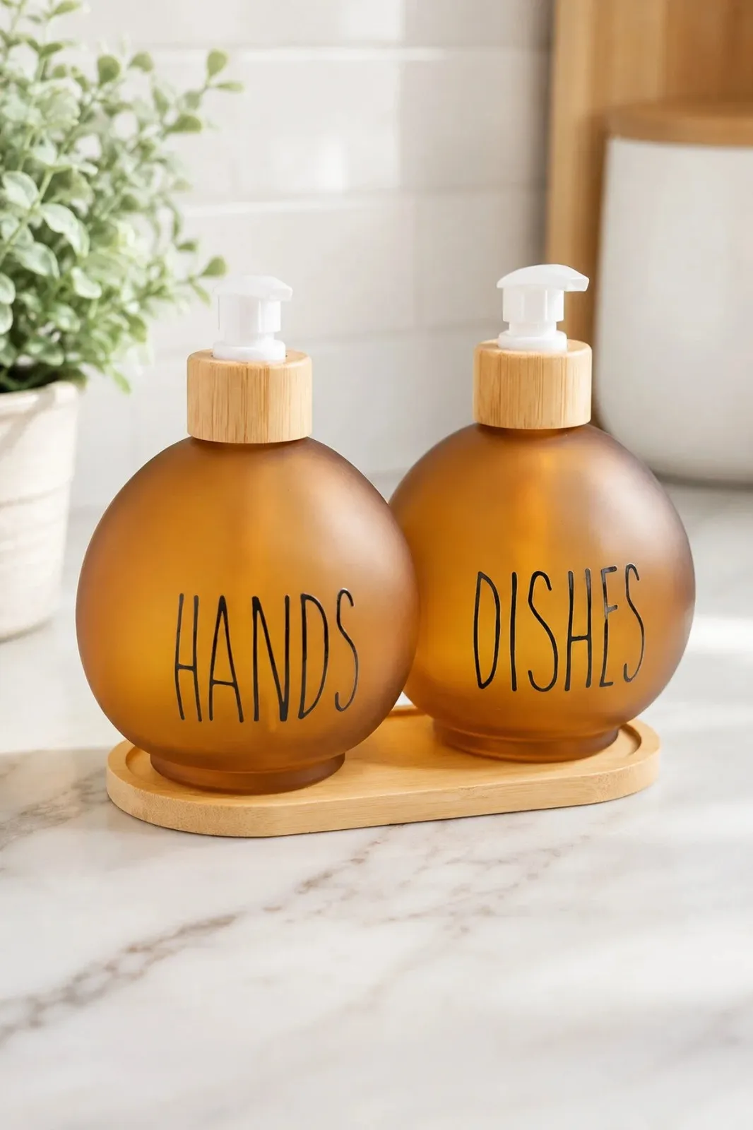 2-Piece Round Soap Dispenser Set with Pumps and Wooden Tray – Brown color option
