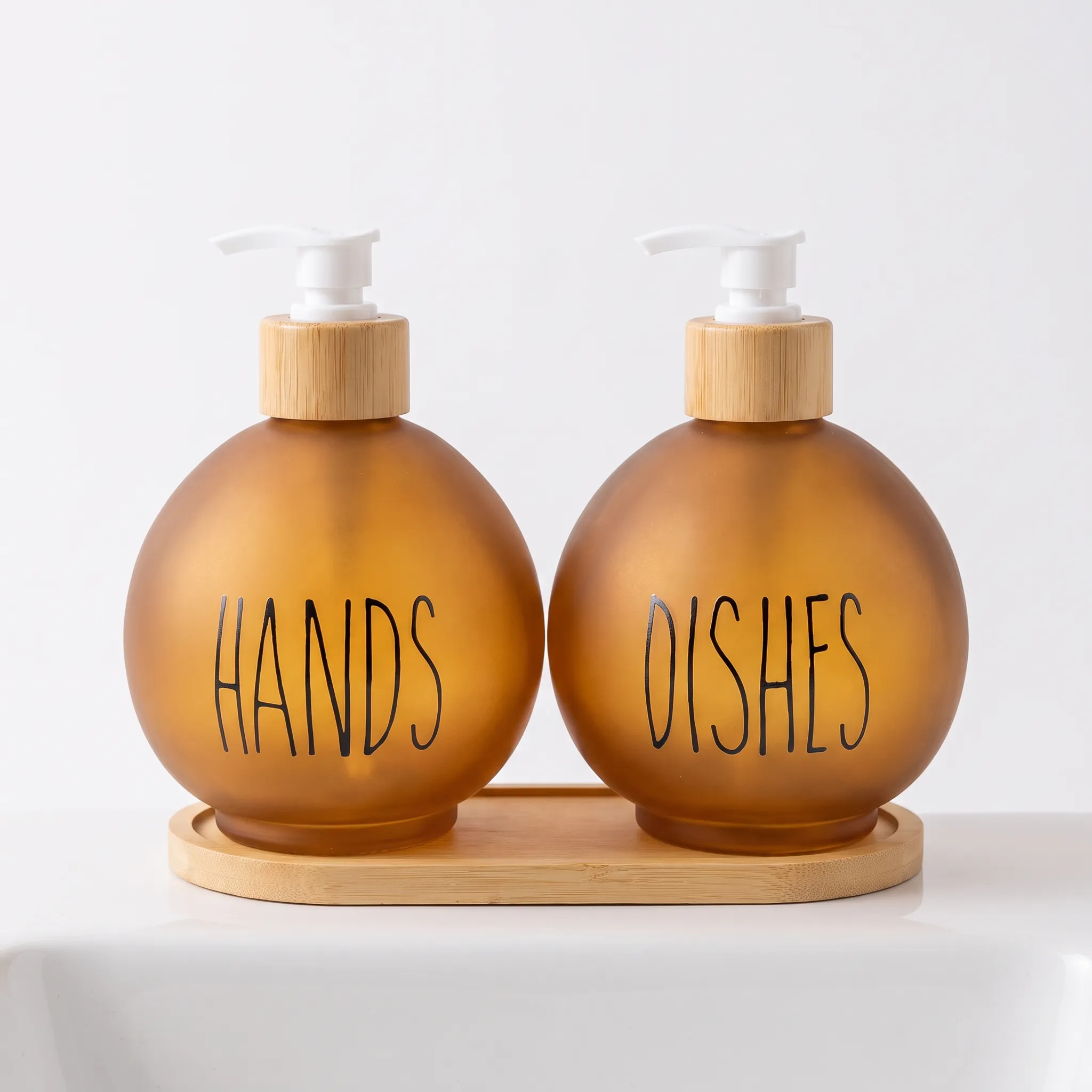 2-Piece Round Soap Dispenser Set with Pumps and Wooden Tray – Brown