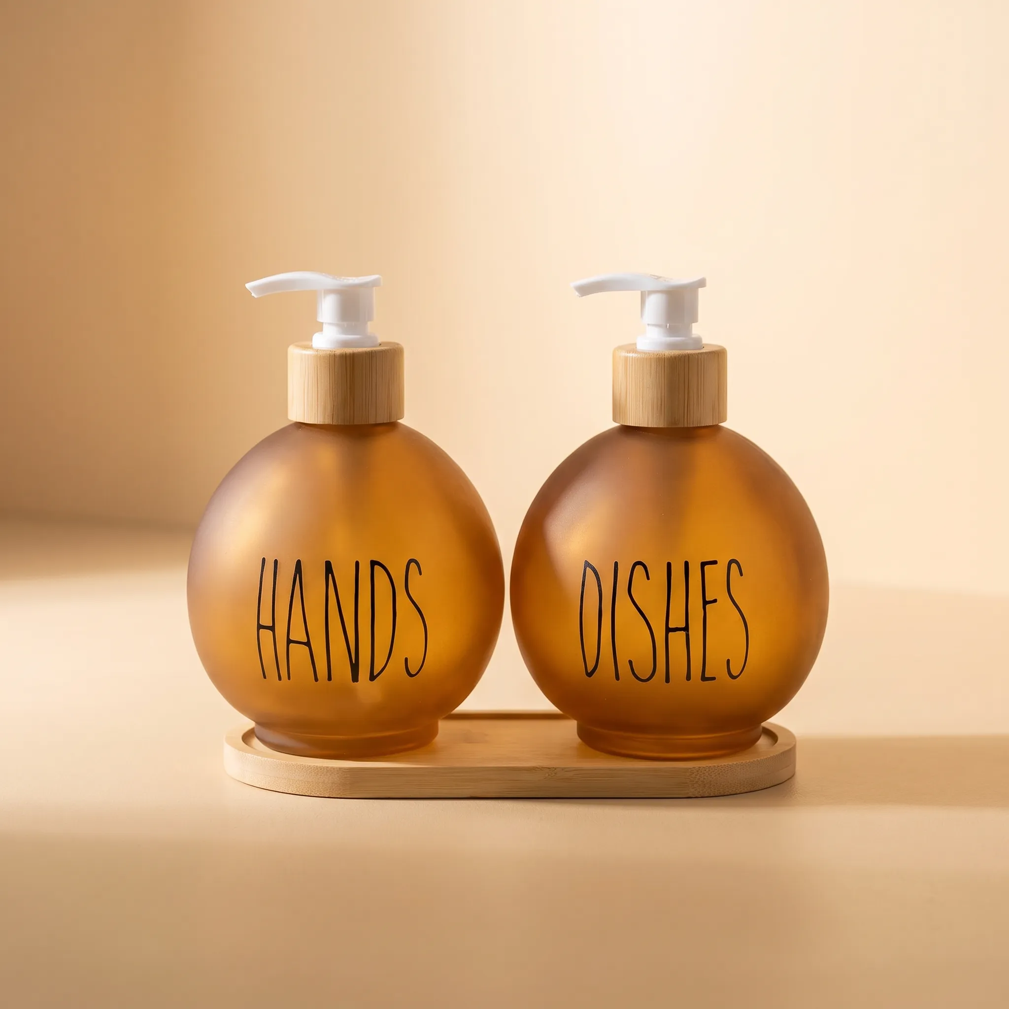 2-Piece Round Soap Dispenser Set with Pumps and Wooden Tray – Brown