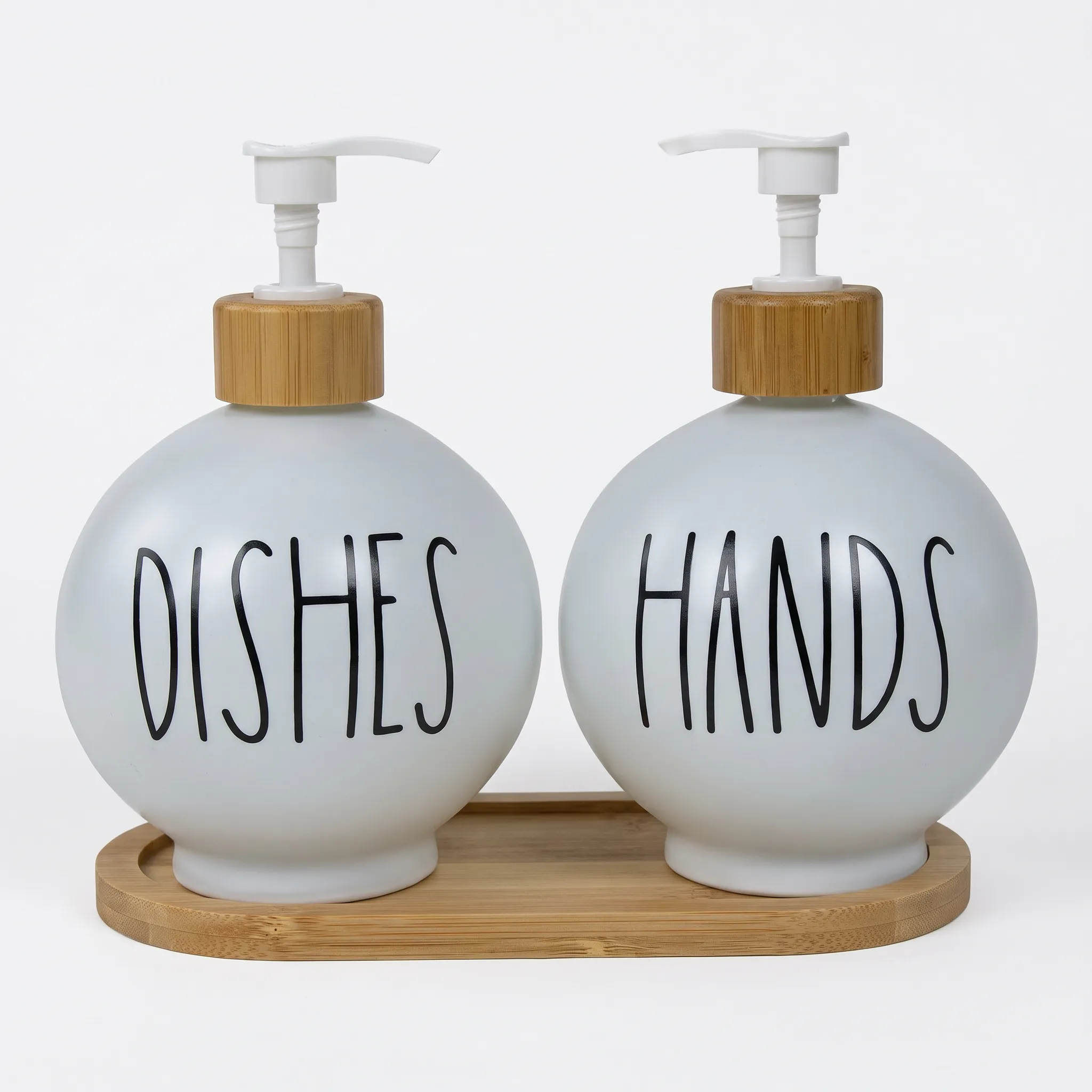 2-Piece Round Soap Dispenser Set with Pumps and Wooden Tray – white
