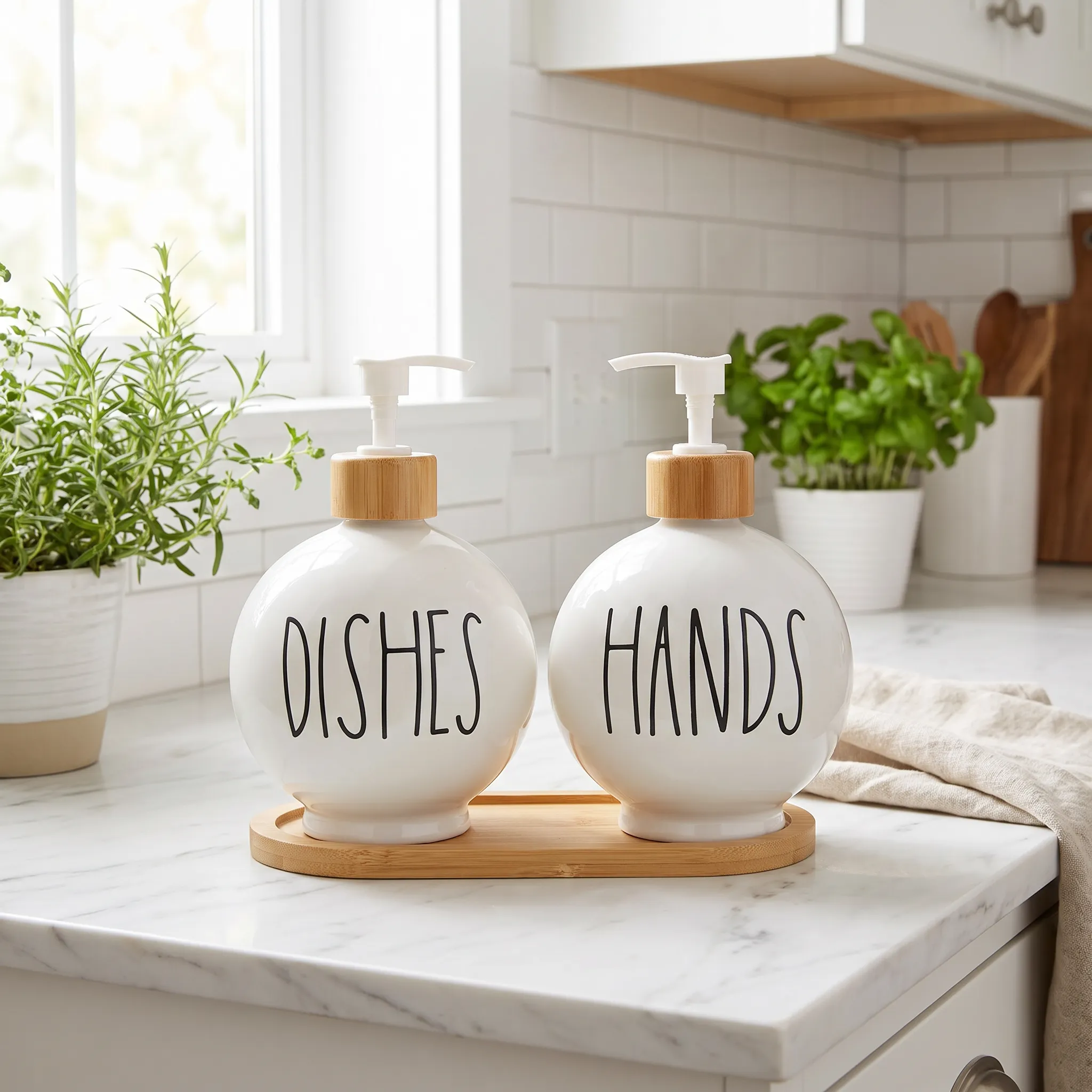 2-Piece Round Soap Dispenser Set with Pumps and Wooden Tray – white