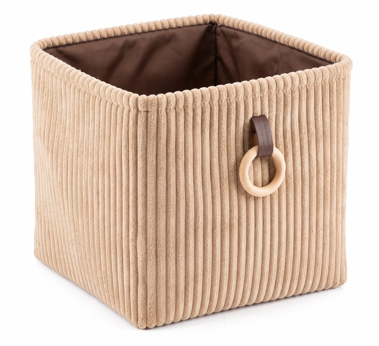 سلة تخزين مربعة من القماش المضلع مع مقبض دائري – كريمي وبني – 30 × 30 × 30 سم